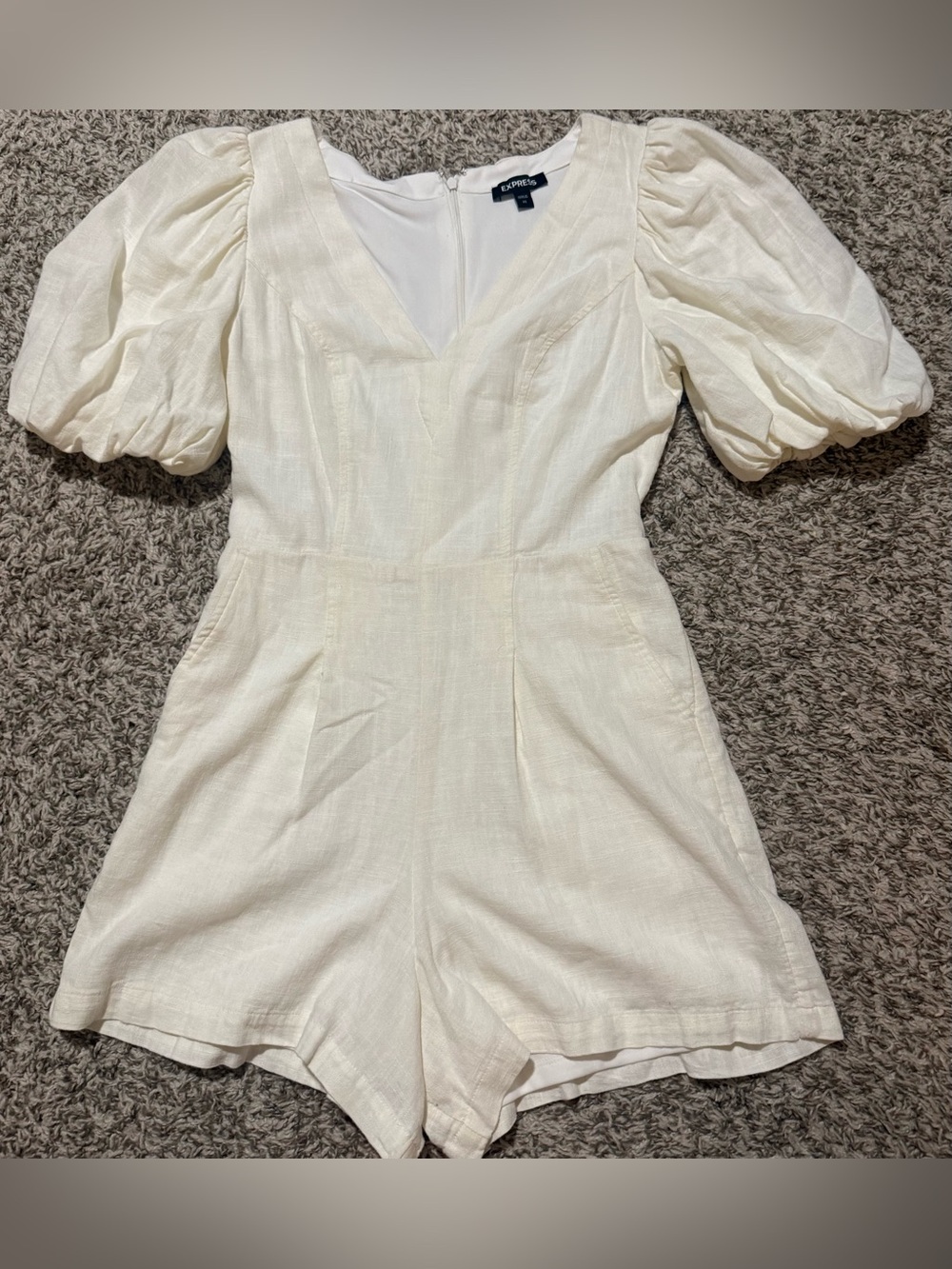 Express Off-White Puff Sleeve Linen Romper